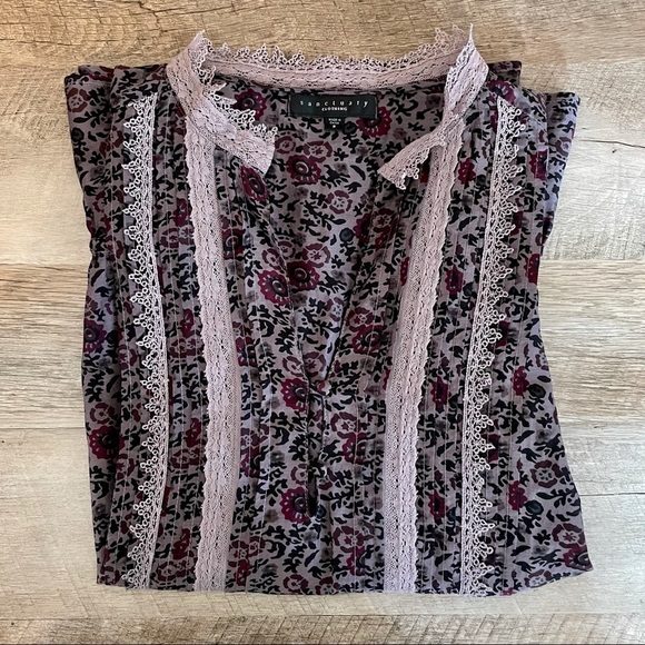 🌺 Sanctuary Purple Floral Boho Lace Silk Blend Lightweight Tunic Blouse Size XS - Picture 3 of 9